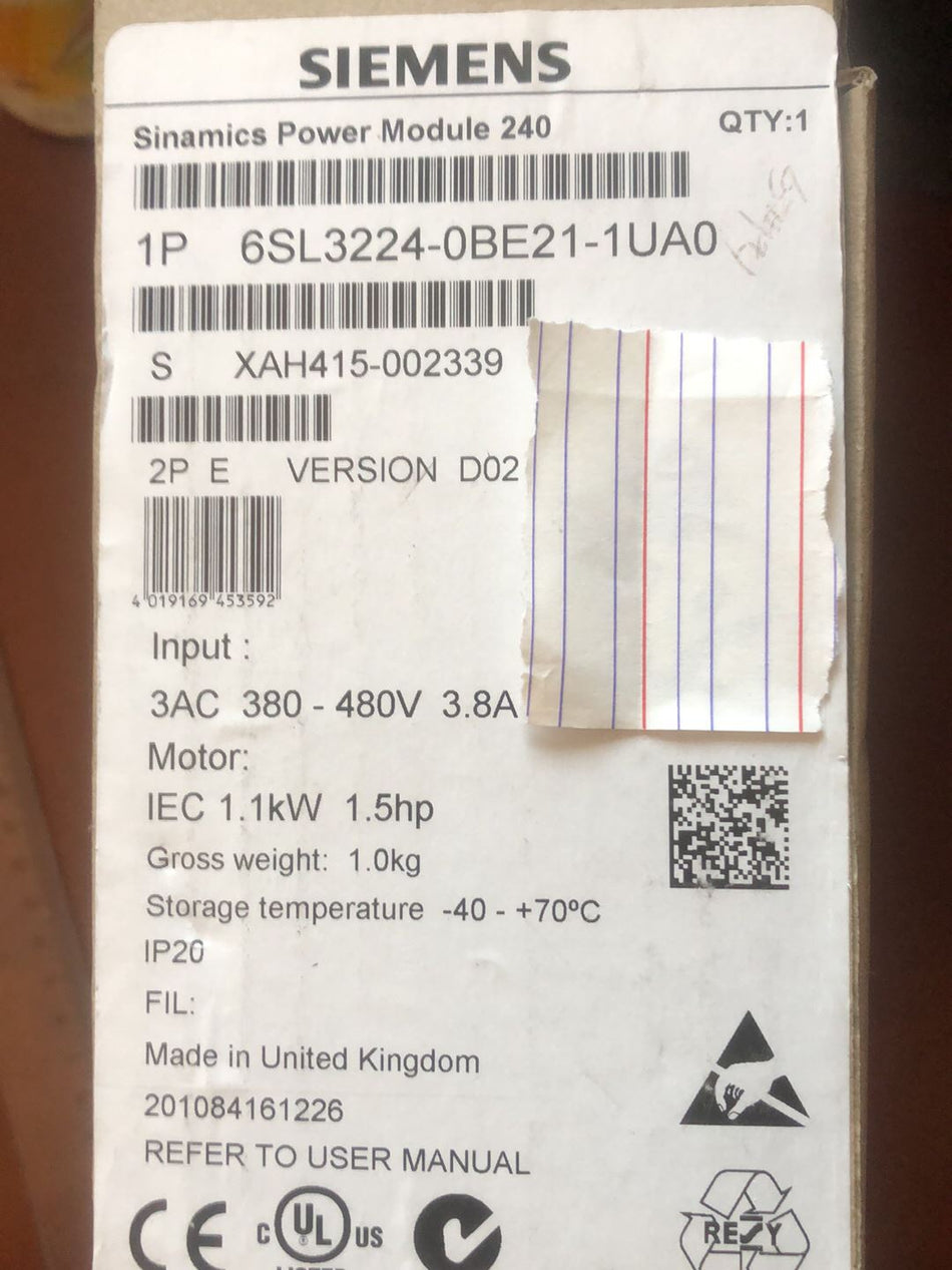 1 peça usada Siemens 6SL3224-0BE21-1UA0