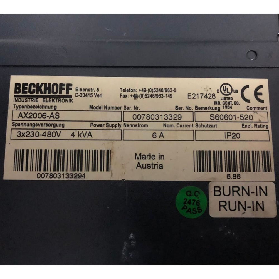 Beckhoff AX2006-AXS60601-520 伺服驱动器和 AM3502-1G00-0000 伺服电机