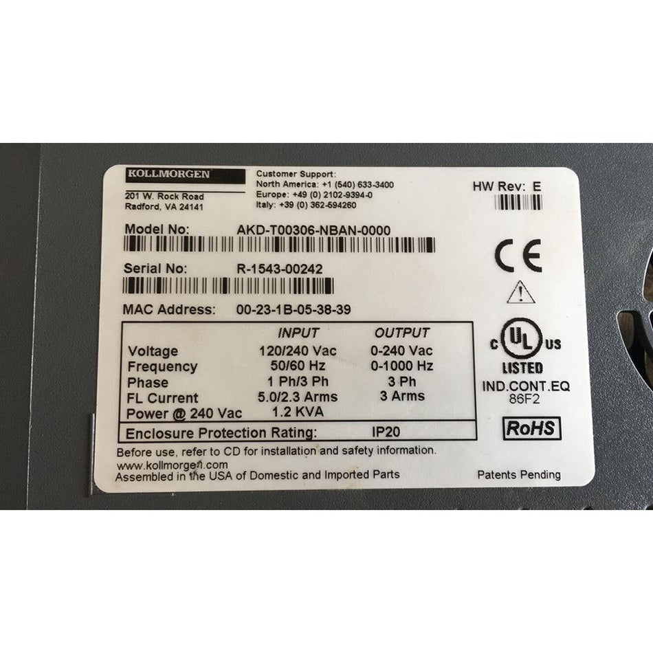Kollmorgen AKD-T00306-NBAN-0000 Servo Drive