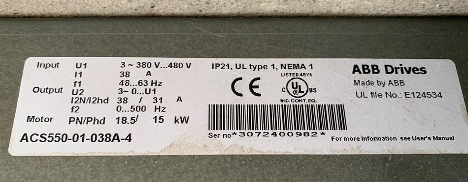 1 peça para novo ACS550-01-038A-4+B055 18,5 kW (por Fedex ou DHL)