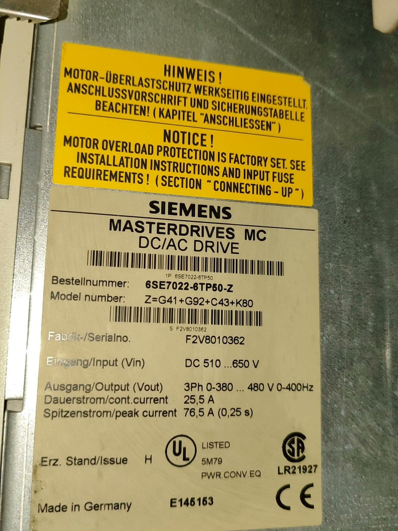 Used SIEMENS 6SE70 6SE7022-6TP50-Z=K80 servo driver