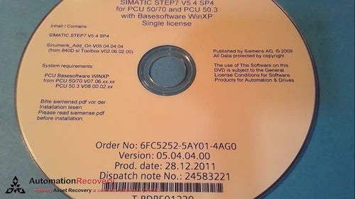 SIEMENS 6FC5252-5AY01-4AG0, SINUMERIK SIMATIC S7 810D SOFTWARE LICENSE,  #271318