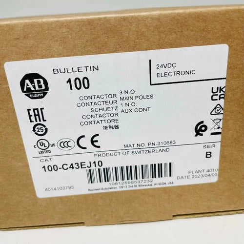 100-C43EJ10 New Allen Bradley IEC 43A 24VDC Contactor 100C43EJ10 Factory Sealed