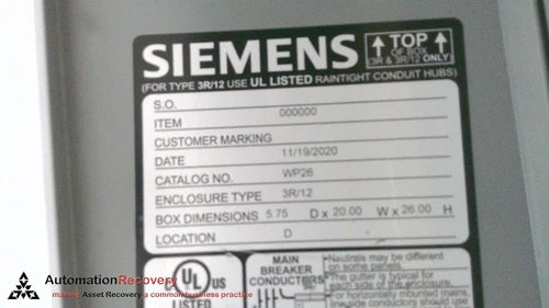 SIEMENS WP26  LIGHTING PANEL ENCLOSURE  WITH REPLACEMENT COVER, NEW #301551