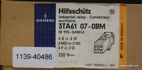 SIEMENS Hilfssch¨¹tz control relay 3TA6107-0BM Us = 220VDC 6S + 2? 6NO + 2NC 6F +