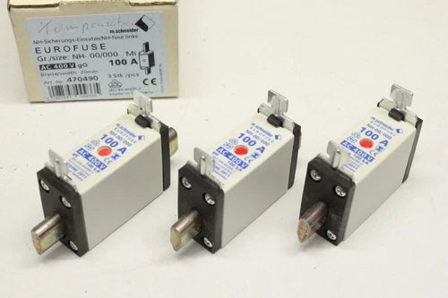 3x M.SCHNEIDER NH00 Sicherungseinsatz EUROFUSE 100A AC 500V 120kA 470490 OVP