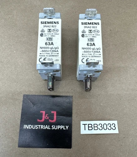 (2) NEW NO BOX- Siemens 3NA2-822 63A NH000-gL/gG ~500V/120kA Fuse Links ????