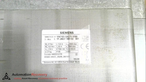SIEMENS 1FK7101-5AC71-1FB0 SIMOTICS S SYNCHRONOUS COMPACT SERVO MOTOR, N #278138