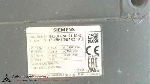 SIEMENS 1FK7083-2AH71-1CH2, COMPACT PERMANET-MAGNET SYNCHRONOUS MOTOR #291317