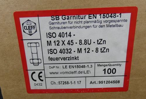 100 St¨¹ck | Cleff Sechskantschraube verzinkt mit Mutter | M 12 x 45 | ISO 4014