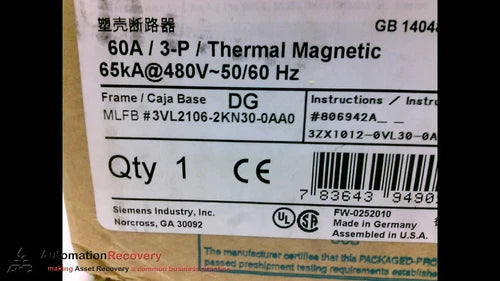 SIEMENS 3VL2106-2KN30-0AA0 CIRCUIT BREAKER, CLASS H, 60A, 3 POLE, 480V,  #128543