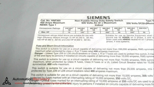 SIEMENS HNF365  HEAVY DUTY NON-FUSIBLE SAFETY SWITCH #333851